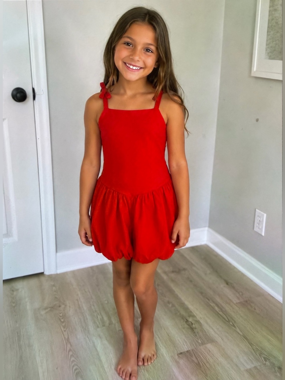 art class Bright Red Girls' Bubble dress with Tie Straps